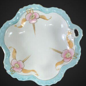 Vintage Candy Bowl Japan Hand Painted Baby Blue Pink Flowerf Ruffled 7.5”D 1.25”